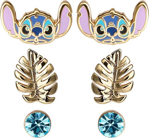 Amazon.com: Disney Lilo and Stitch Jewelry for Girls Yellow Gold Plated Crystal Stud Earring Set, 3 Pairs, Officially Licensed: Clothing, Shoes & Jewelry