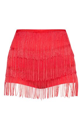 RED TIERED FRINGE SHORTS