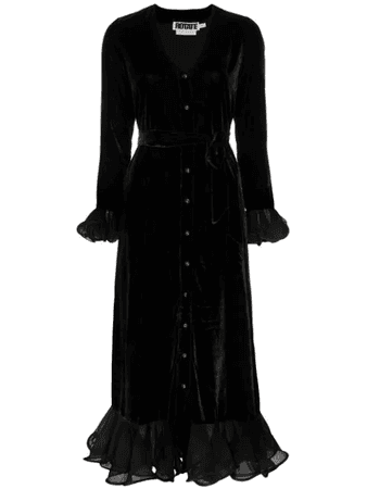 Velvet Ruffle-trimmed Midi Dress In 1000 Black ROTATE