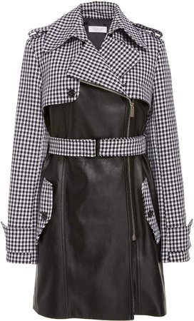 Cropped Dogtooth-Print Leather Trench Coat