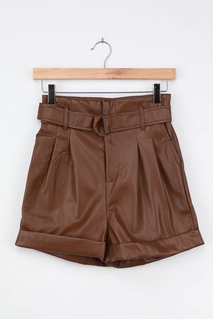 Brown Paperbag Shorts - Faux Leather Shorts - High Waisted Shorts - Lulus