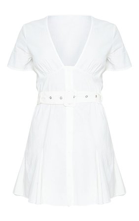 White Woven Belt Detail Pleated Hem Shift Dress | PrettyLittleThing USA