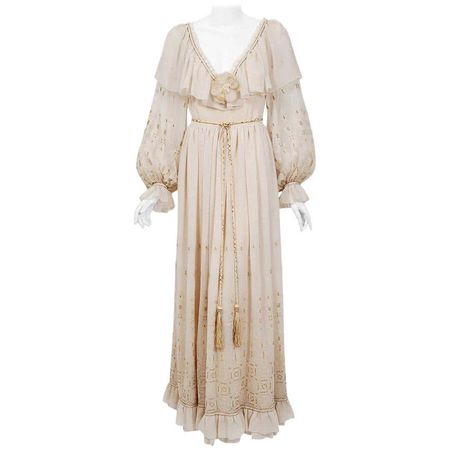 Vintage 1970s Guy Laroche Couture Embroidered Silk Billow Sleeve Plunge Gown For Sale at 1stDibs
