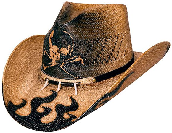 *clipped by @luci-her* Bullhide Men's Dangerous Toyo Straw Cowboy Hat with Painted Skull and Flames, 3 1/2" Brim at Amazon Men’s Clothing store