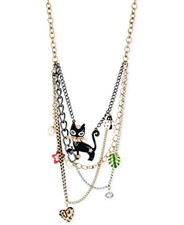 Betsey Johnson Black Morocco Cat Lucite Heart Multi Row Layered Necklace: Clothing
