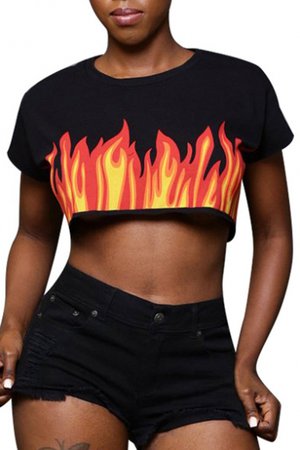 Fashion Fire Pattern Round Neck Short Sleeve Cropped Sports T-Shirt - takeluckhome.com