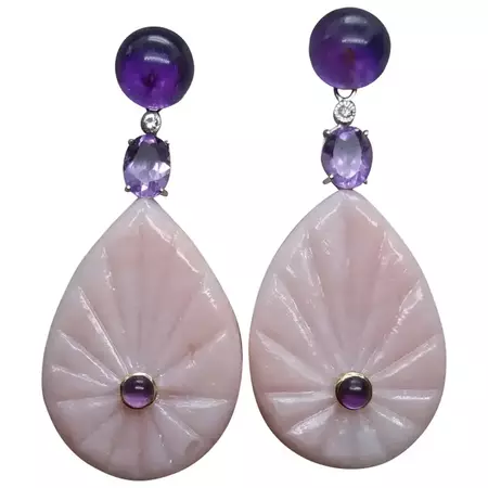 Amethyst White Gold Diamonds Engraved Pink Opal Flat Drops Earrings For Sale at 1stDibs