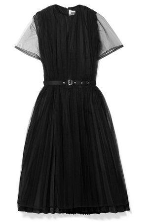 Noir Kei Ninomiya | Belted tulle-paneled pleated satin midi dress | NET-A-PORTER.COM