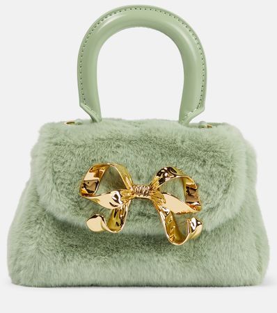 The Bow Micro Faux Shearling Tote Bag in Green - Self Portrait | Mytheresa