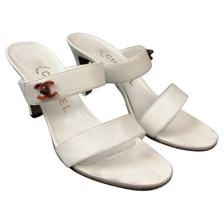 Vintage 90s Chanel White Lambskin CC Tortoiseshell Sandal Heels For Sale at 1stDibs