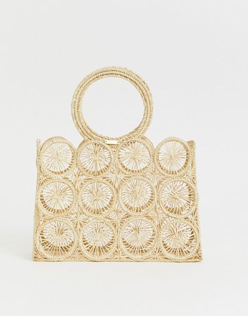 KAANAS woven raffia circle handle detail clutch bag in natural | ASOS