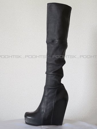 Rick Owens RICK OWENS leather platform Hidden Wedge thigh high knee-high long stretch boots 37 black : Real Yahoo auction salling