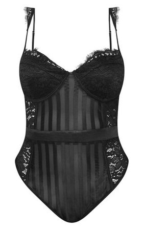 Shape Black Lace Mesh Stripe Bodysuit | PrettyLittleThing