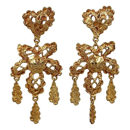 Vintage CHRISTIAN LACROIX Logo Lace Heart Flower Dangling Earrings For Sale at 1stDibs