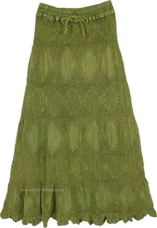 Olive Military Green Crochet Patchwork Hippie Skirt | Green | Crochet-Clothing, Patchwork, Stonewash, Misses, Beach, Gift, Solid, Handmade,Western-Skirts