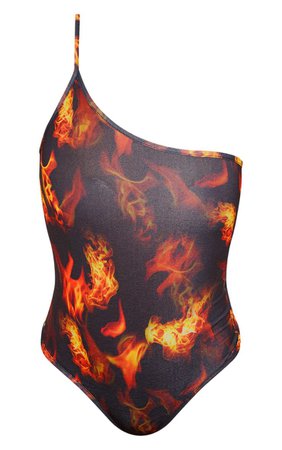 Flame Print One Shoulder Strappy Bodysuit