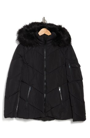 DKNY Faux Fur Trim Hooded Chevron Puffer Jacket | Nordstromrack