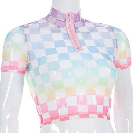 Women Harajuku Kawaii Checkerboard Mesh T-Shirt Turtleneck Plaid Front Zipper Streetwear Crop Tops at Amazon Women’s Clothing store
