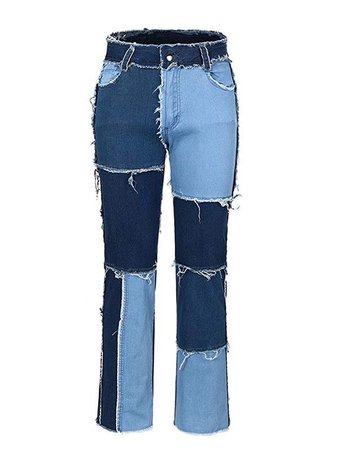 Color Block Frayed Patchwork Straight Jeans