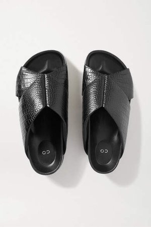 Croc-effect Leather Slides - Black