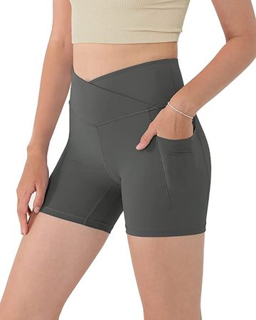ODODOS Women's Cross Waist Biker Shorts with Inner Pocket, Sports Athletic Workout Running Yoga Shorts-5"/ 8"/ 2.5" Inseam at Amazon Women’s Clothing store