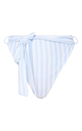 Baby Blue Striped High Waist Belted Bikini Bottom | PrettyLittleThing
