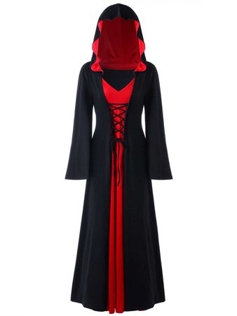 hooded lace up maxi dress red and black medieval