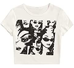 SOLY HUX Women's Graphic Tees Summer Figure Print Short Sleeve T Shirts Crop Top White L at Amazon Women’s Clothing store