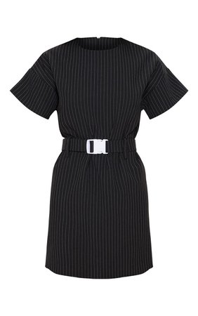 Black Pin Stripe Belt T Shirt Dress | Dresses | PrettyLittleThing