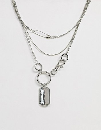 ASOS DESIGN multirow necklace with hardware clip and dog tag pendants in silver tone | ASOS