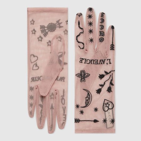 Tulle gloves with symbols embroidery