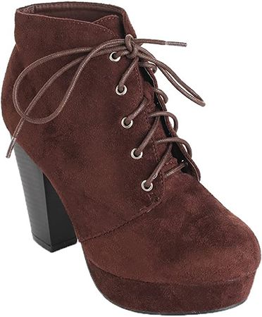 Amazon.com | Forever Camille-86 Womens Comfort Stacked Chunky Heel Lace Up Ankle Booties Brown Ts (8) | Ankle & Bootie