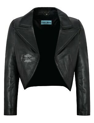 Women Ladies Cropped Jacket Real Leather Shrug Bolero Slim-fit Open Blazer