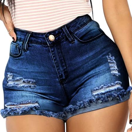 vanberfia Women's High Waist Denim Jean Raw Hem Ripped Shorts with Pockets (JS2018211, M) at Amazon Women’s Clothing store