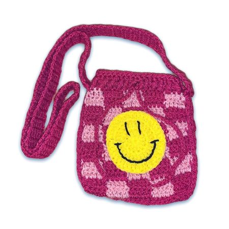 ☆ crochet pink checkered pouch bag with smiley 💞.... - Depop
