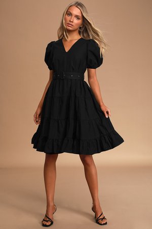 Cute Black Midi Dress - Puff Sleeve Midi - Belted Midi Dress - Lulus