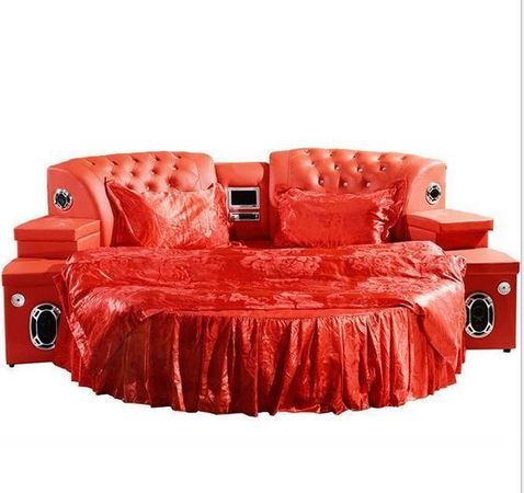 Round Leather Bed With Speakers - Red