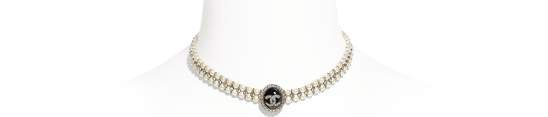 Choker, metal, glass pearls, strass & resin, gold, pearly white, crystal & black - CHANEL