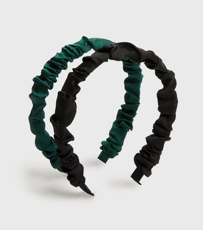2 Pack Black and Dark Green Satin Ruffle Headbands | New Look