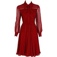 1970's Valentino Couture Burgundy-Red Silk Chiffon Lace Pintuck Dress