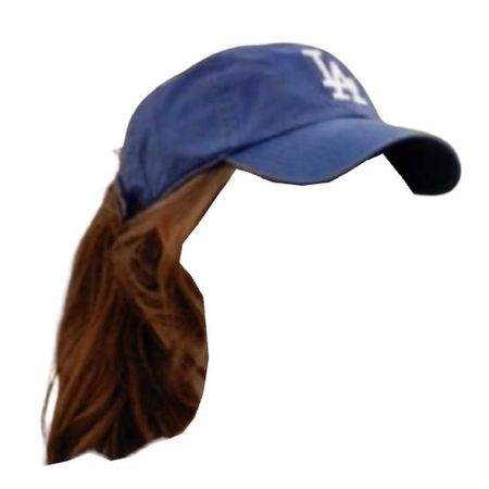 red brown hair messy ponytail hairstyle blue la dodgers baseball hat cap