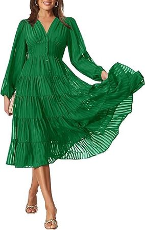 Ferlema Women's 2023 Elegant Long Sleeve High Waist Button Down Ruffle Tiered Flowy Cocktail Party Midi Dress at Amazon Women’s Clothing store