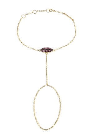 18kt Gold Bracelet and Ring Chain with Rubies Gr. One Size