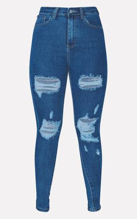Plt Mid Wash Distressed 5 Pocket Skinny Jean | PrettyLittleThing