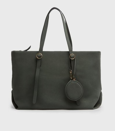 Dark Green Leather-Look Rounded Pouch Tote Bag | New Look