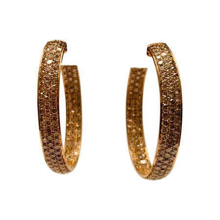 18 Karat Rose Gold Pave Set Champagne Diamond Hinged Hoop Style Earrings