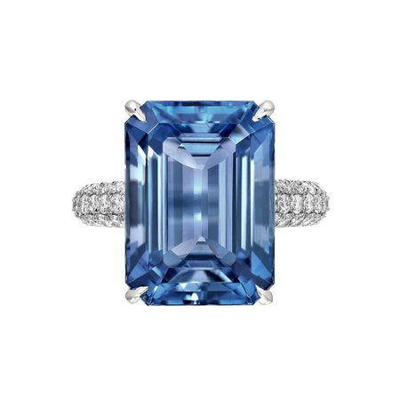 Aquamarine Cocktail Ring Emerald Cut Vivid Blue Diamond Platinum Ring
