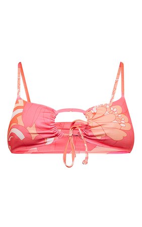 Pink Floral Ruched Bikini Top | Swimwear | PrettyLittleThing CA
