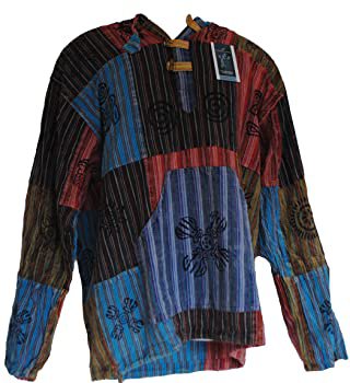 Fair Trade Mens Nepal Hippy Patchwork Trippy Cotton Hooded Top / Shirt (Small): Clothing