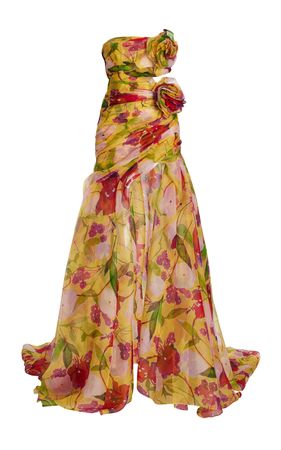 Carolina Herrera Strapless Flower-applique Gathered Cutout High-low Gown In Multi | ModeSens